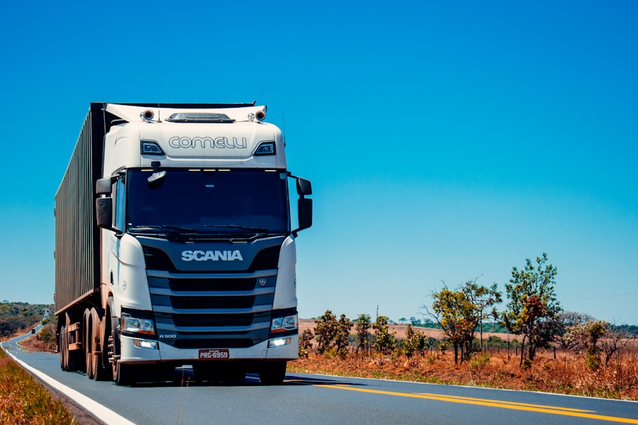 Freight truck transporting goods on the road